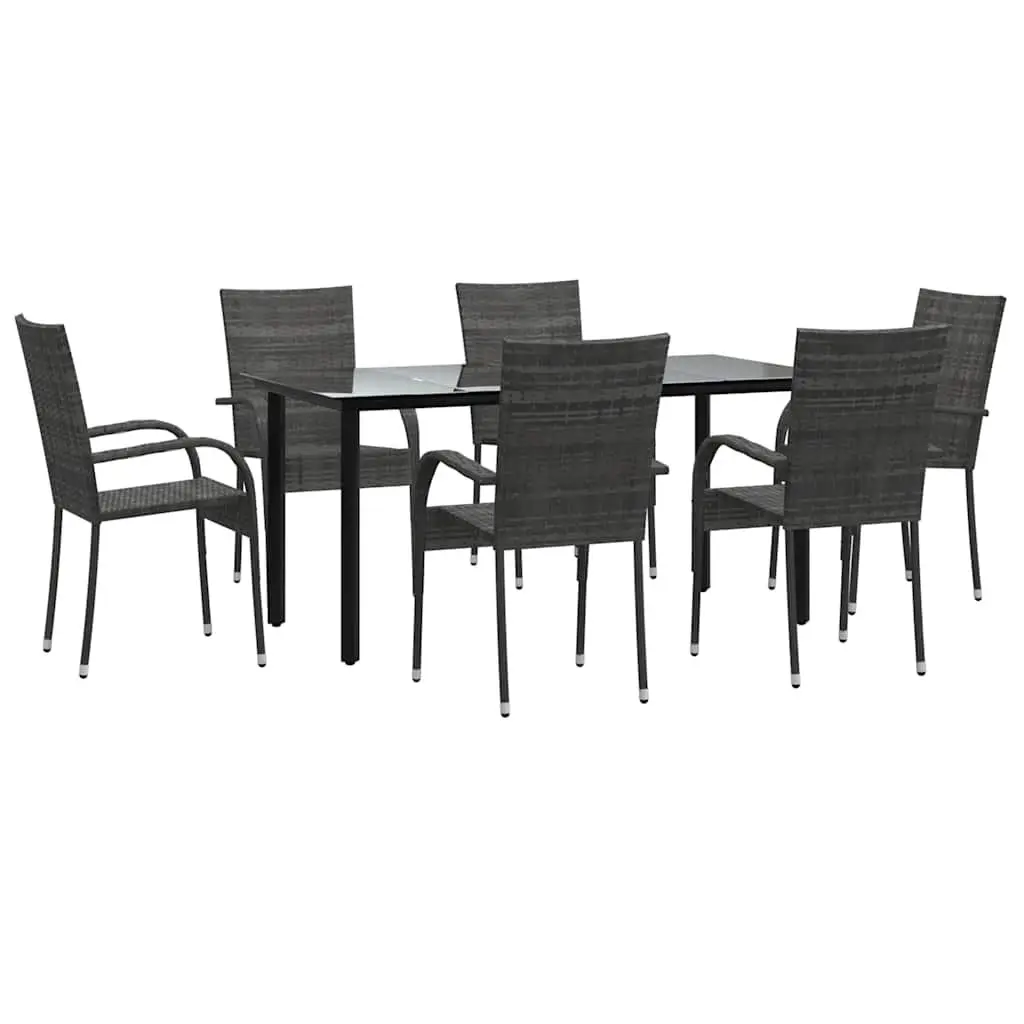 Outdoor Dining Set 7 Piece Grey PE Rattan Patio Furniture with Powder Coated Steel Frame and Tempered Glass Top