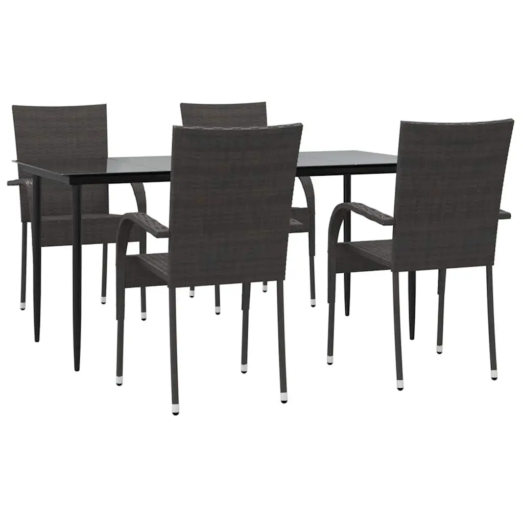 5 Piece Brown Poly Rattan Dining Set Outdoor Furniture with Steel Frame and Tempered Glass Tabletop
