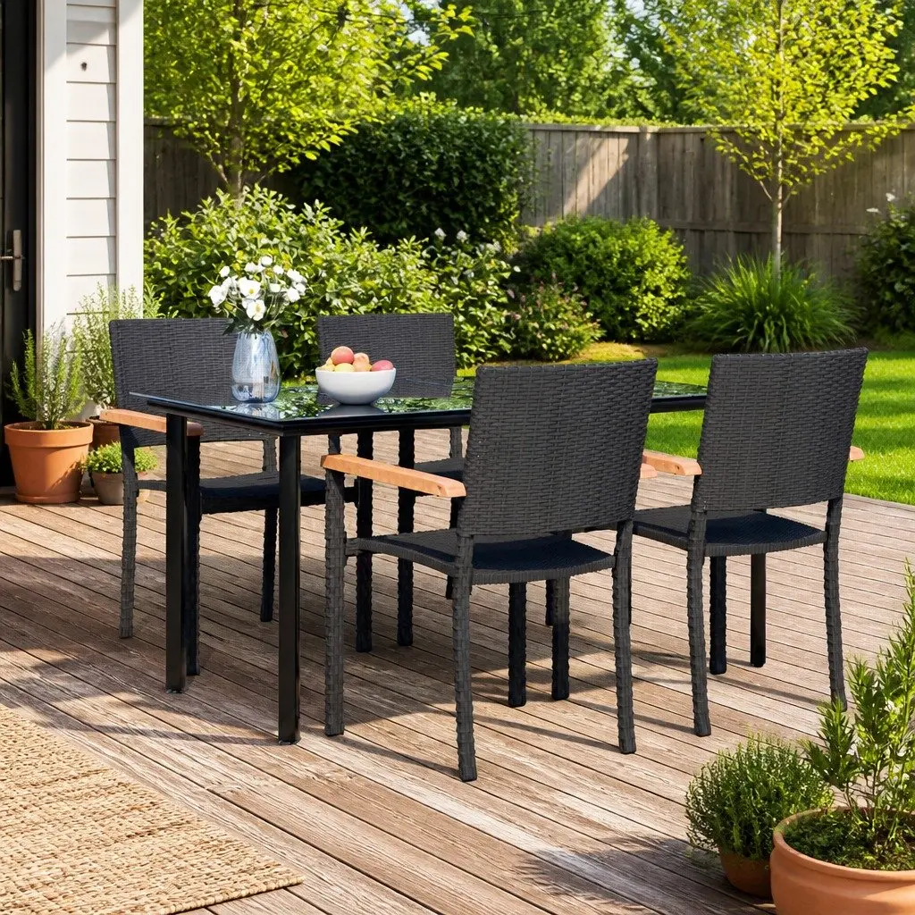 5 Piece Garden Dining Set Black Poly Rattan Outdoor Patio Furniture Table Chairs