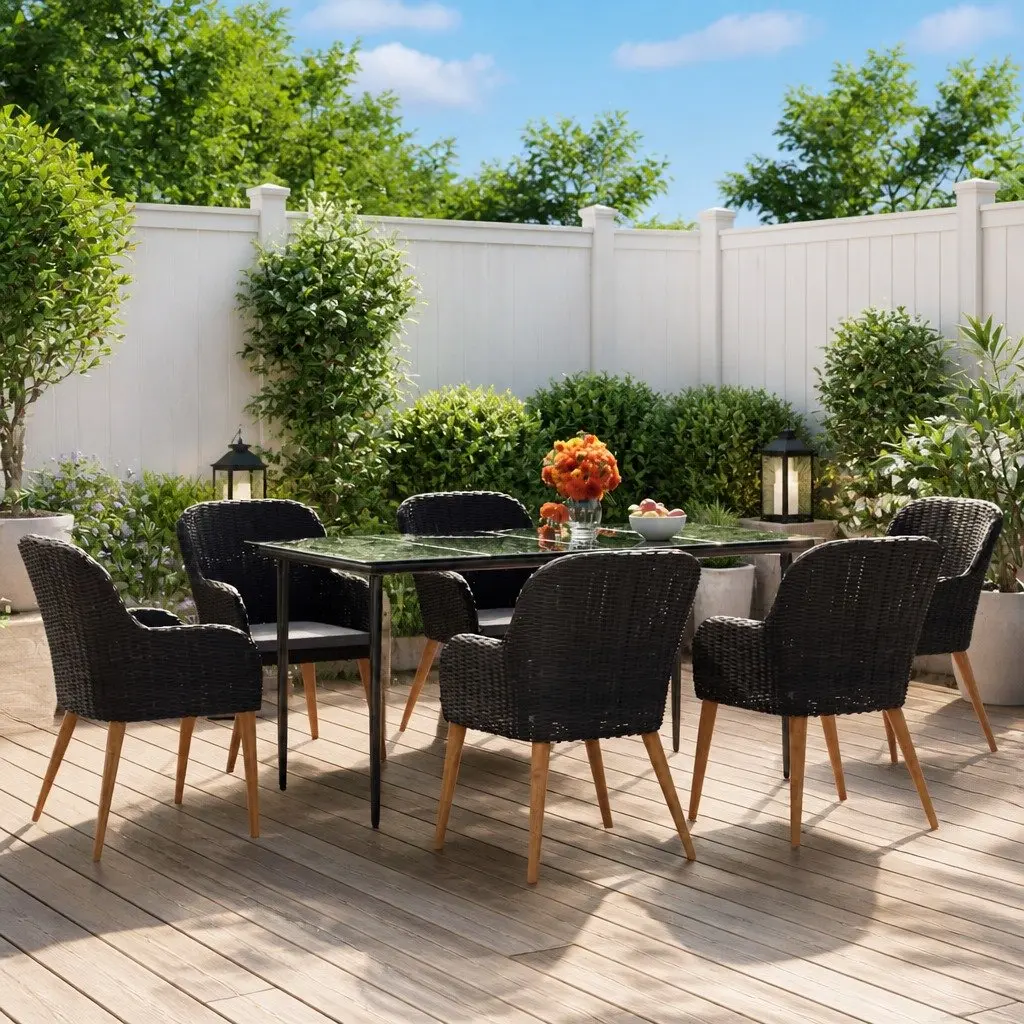 7 Piece Black Acacia Wood Outdoor Dining Set with Tempered Glass Tabletop and Cushioned Chairs