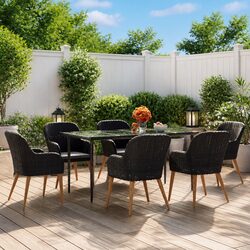 7 Piece Outdoor Garden Dining Set Black Acacia Wood Glass Tabletop Chairs