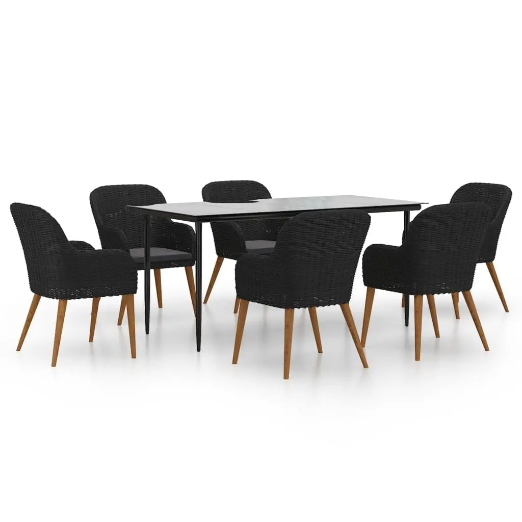 7 Piece Black Acacia Wood Outdoor Dining Set with Tempered Glass Tabletop and Cushioned Chairs