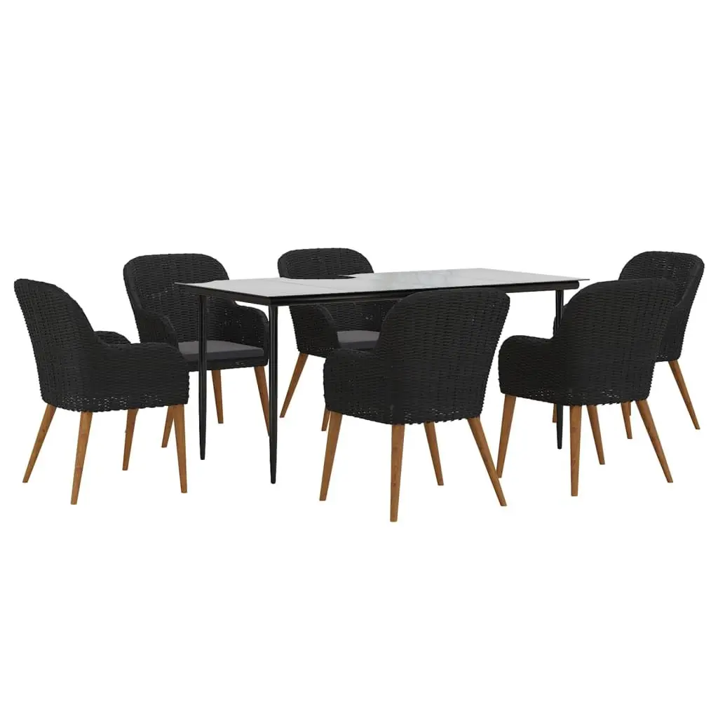 7 Piece Black Acacia Wood Outdoor Dining Set with Tempered Glass Tabletop and Cushioned Chairs