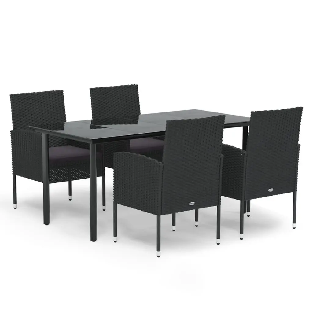 5 Piece Outdoor Dining Set Black Weather-Resistant PE Rattan with Powder-Coated Steel Frame and Tempered Glass Tabletop