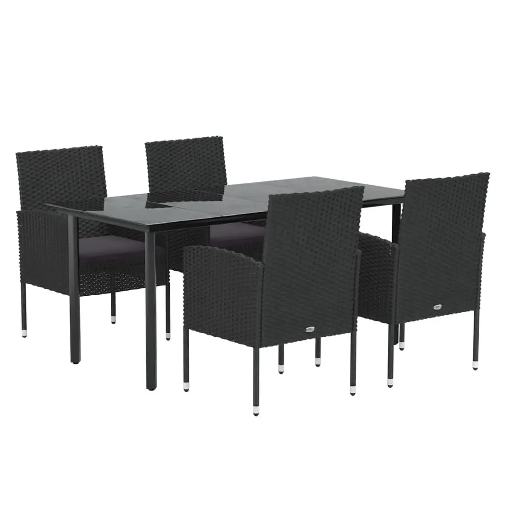 5 Piece Outdoor Dining Set Black Weather-Resistant PE Rattan with Powder-Coated Steel Frame and Tempered Glass Tabletop