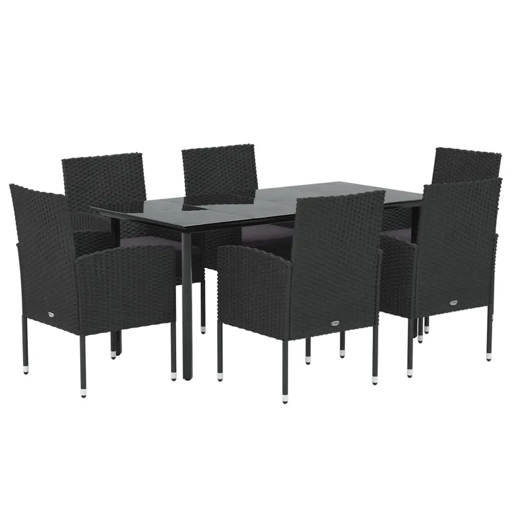 Outdoor Dining Set 7 Piece Weather-resistant Black Poly Rattan Garden Furniture with Tempered Glass Table and Padded Chairs