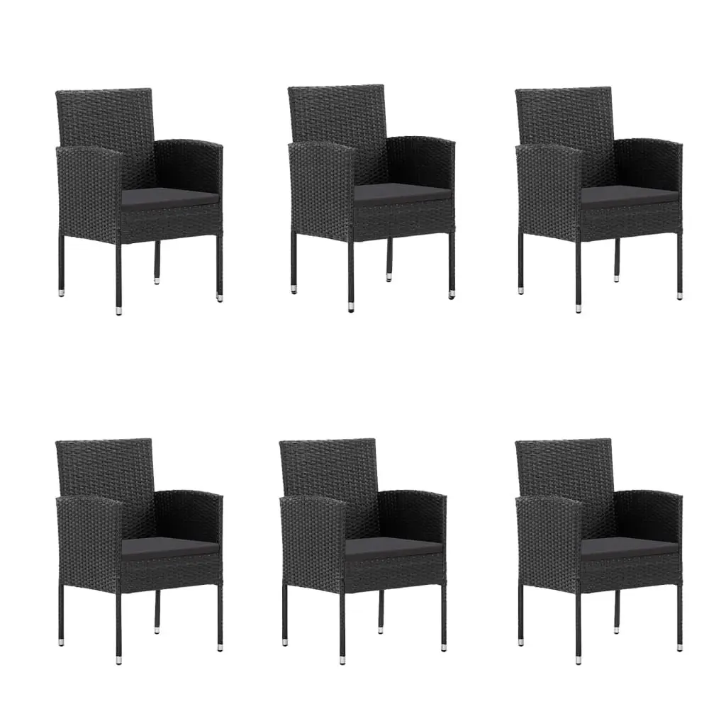 Outdoor Dining Set 7 Piece Weather-resistant Black Poly Rattan Garden Furniture with Tempered Glass Table and Padded Chairs