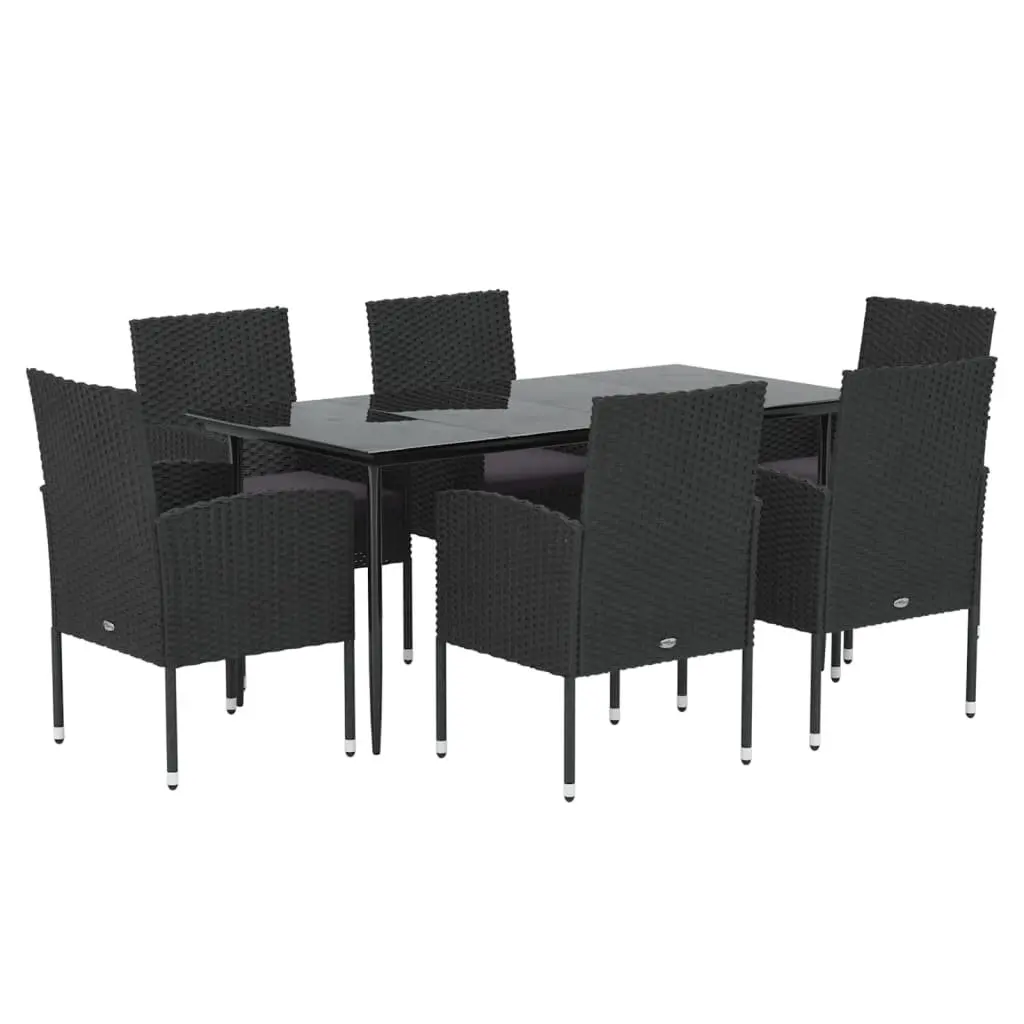 7 Piece Outdoor Dining Set Black Poly Rattan Garden Furniture with Cushions