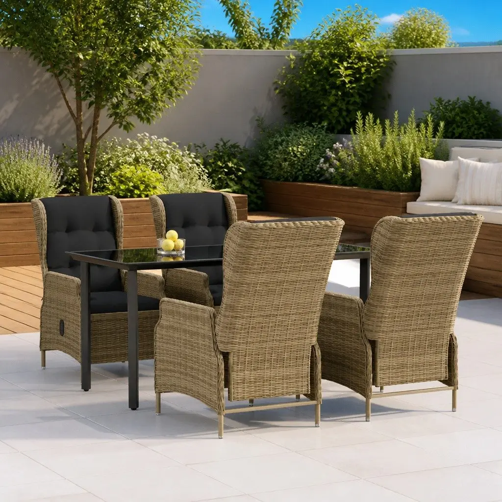 5 Piece Outdoor Dining Set Patio Furniture Adjustable Backrest Brown PE Rattan