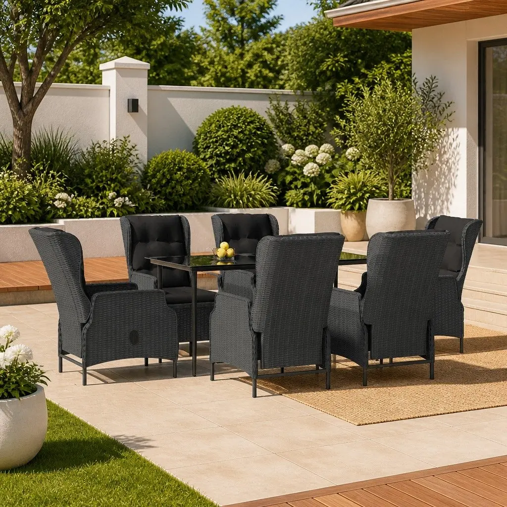 7 Piece Garden Dining Set Grey Poly Rattan Outdoor Furniture Patio Table Chairs
