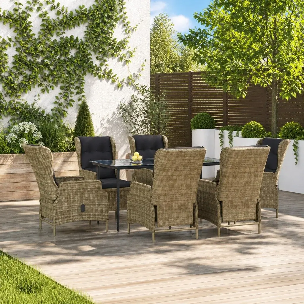 7 Piece Outdoor Garden Dining Set Brown Poly Rattan with Adjustable Backrest Chairs