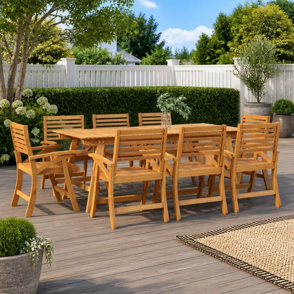 Acacia Wood Outdoor Chairs Brown Set of 8 Patio Seating Furniture with Curved Back and Armrests