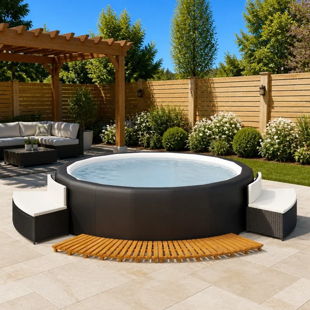Hot Tub Surround Rattan Wood Outdoor Spa Accessories Black 2 Piece