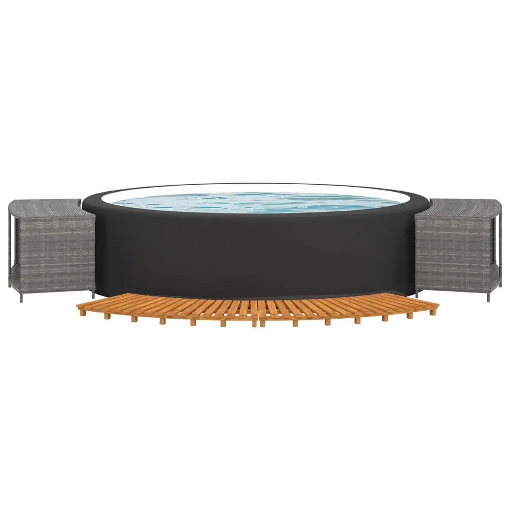 Spa Enclosure with Storage Shelf and Step Grey Poly Rattan Acacia Wood