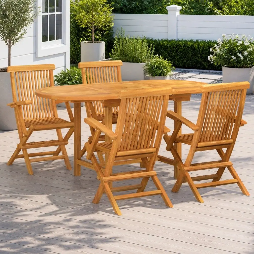Garden Dining Set Teak Wood 5 Piece Outdoor Table Chair Brown Patio Furniture