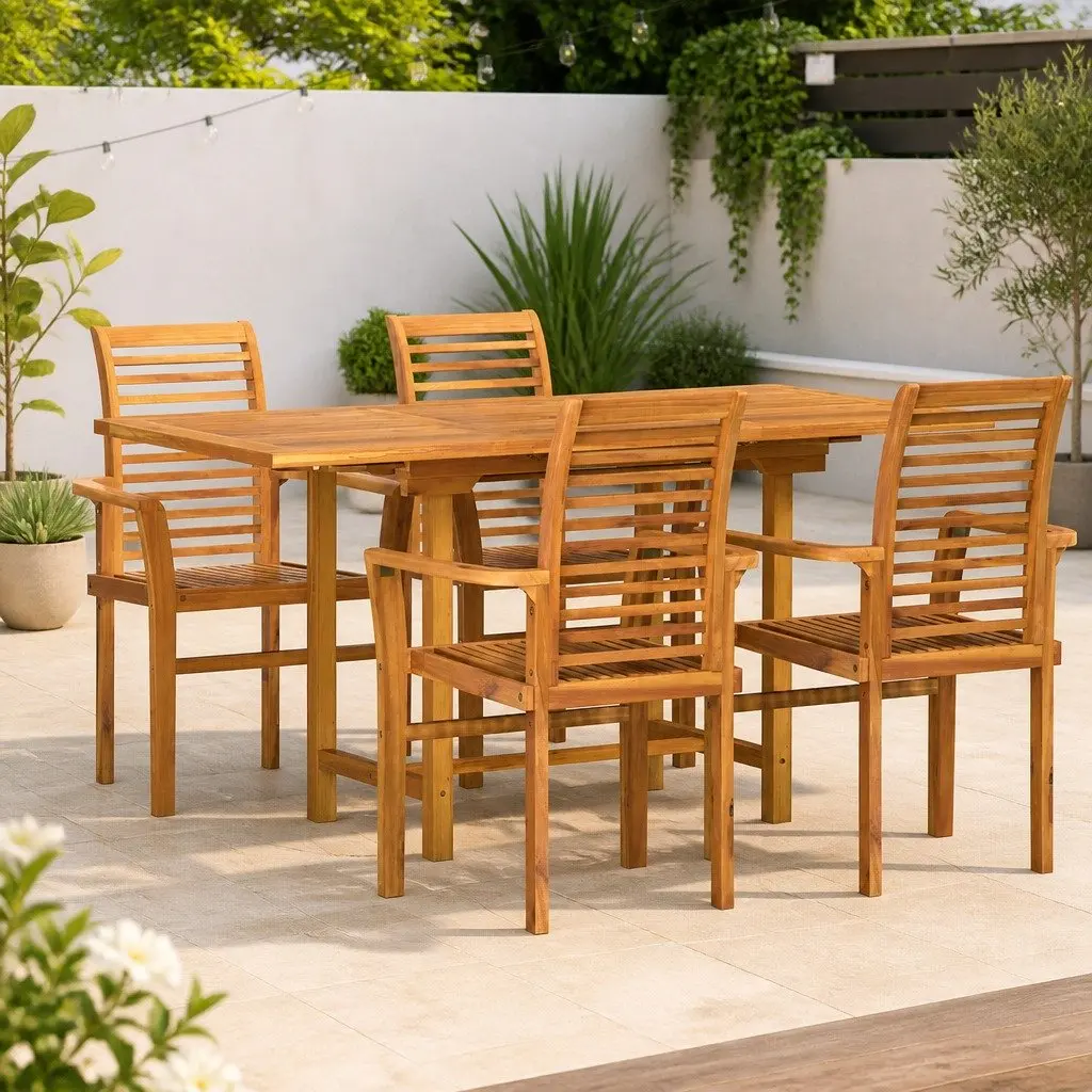 Outdoor Furniture Set Modern Teak Wood 5 Piece Brown Garden Dining Chairs and Table