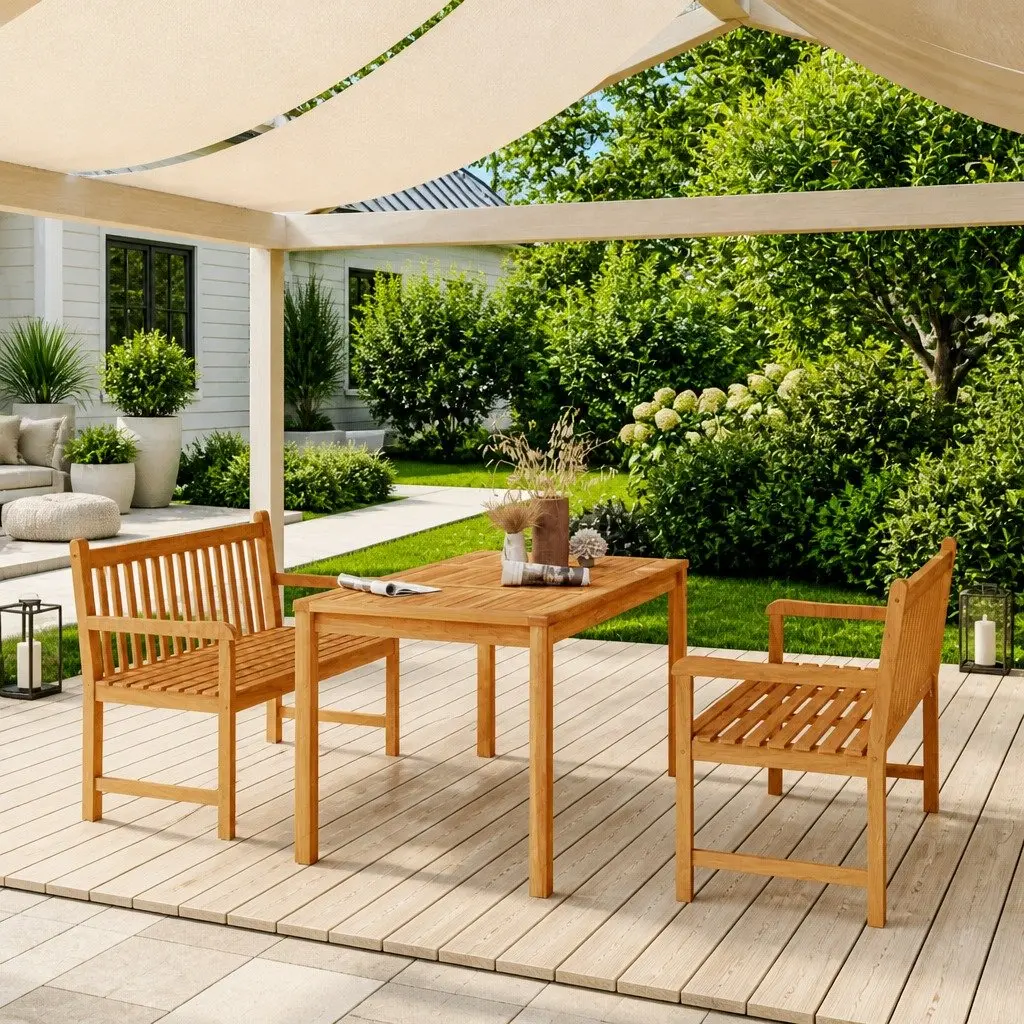 Garden Dining Set 3 Piece Outdoor Furniture Brown Solid Wood Table Benches