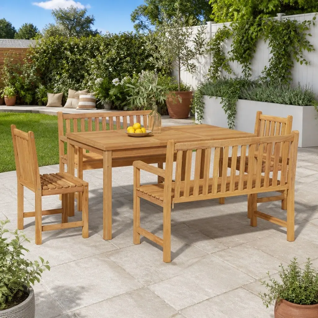 Teak Wood Outdoor Dining Set 5 Piece Sturdy Table Chairs Brown