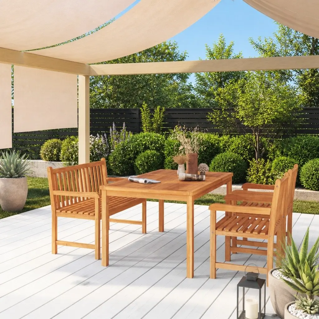 4 Piece Garden Dining Set Solid Teak Wood Table Bench Chairs Outdoor Furniture