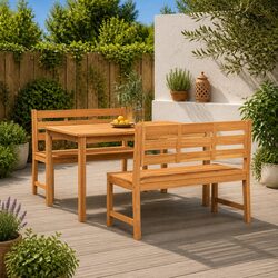 3 Piece Garden Dining Set Solid Teak Wood Outdoor Furniture Brown Table Benches