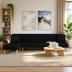L-Shaped Sofa Bed Black Convertible Sleeper Couch Fabric Chaise Lounge Daybed
