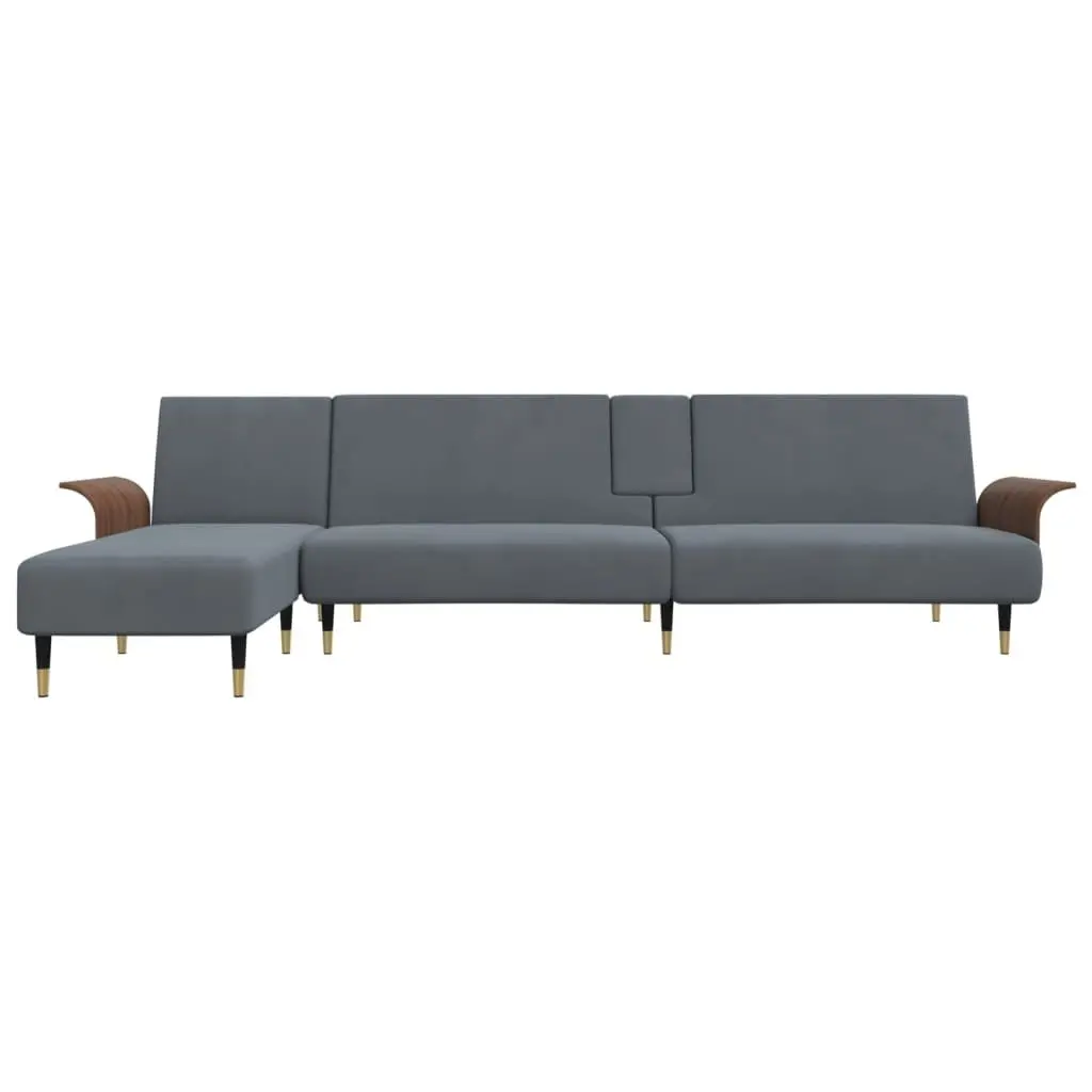 L-Shaped Sofa Bed Grey Convertible Sleeper Couch with Foldable Tea Table