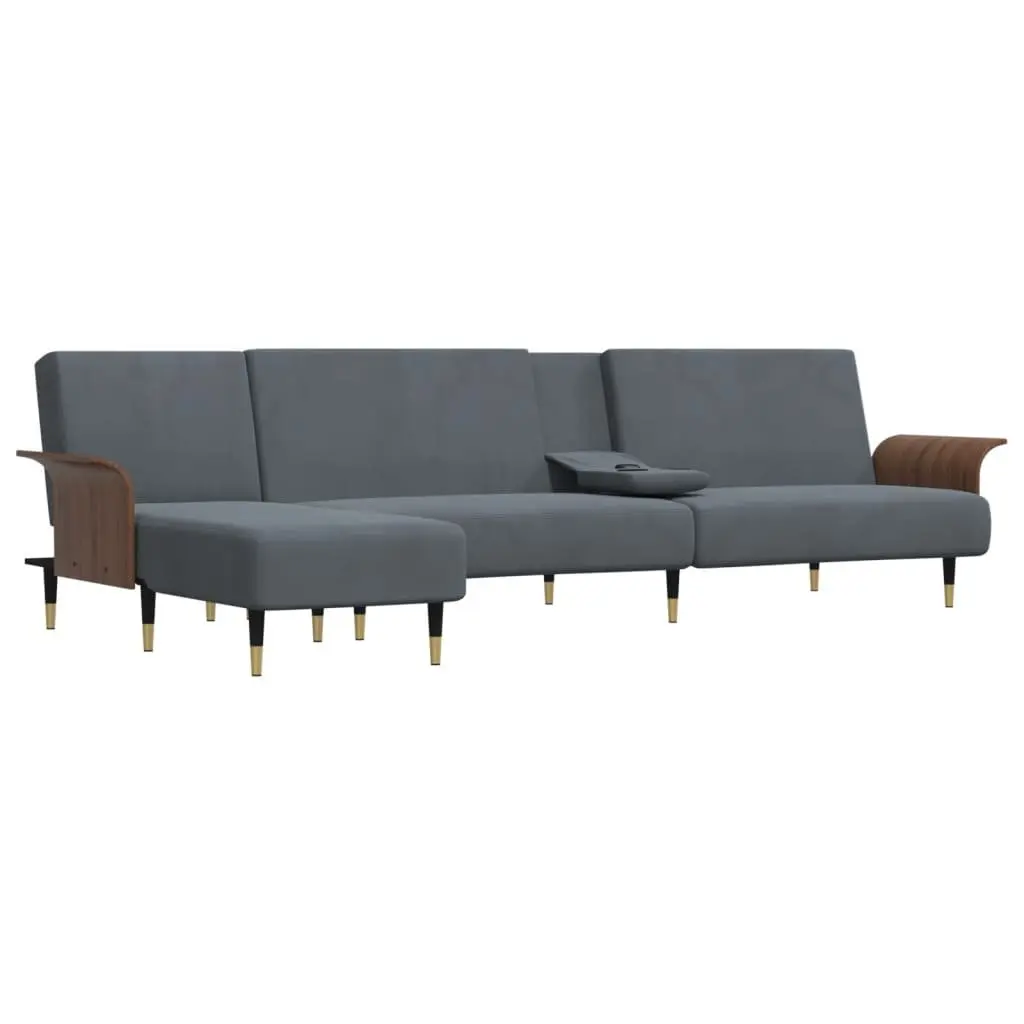 L-Shaped Sofa Bed Grey Convertible Sleeper Couch with Foldable Tea Table