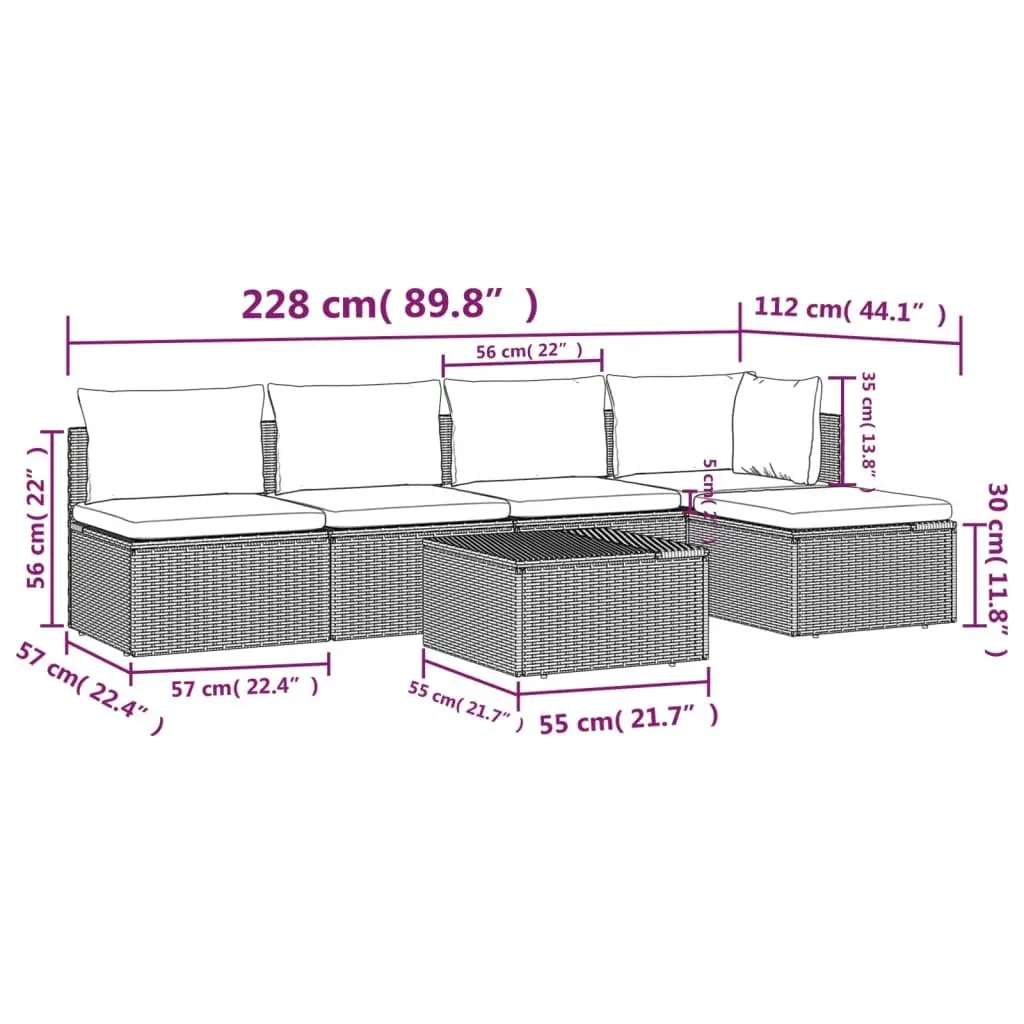 6 Piece Outdoor Furniture Set Garden Lounge Durable Steel Frame Grey Poly Rattan with Cushions
