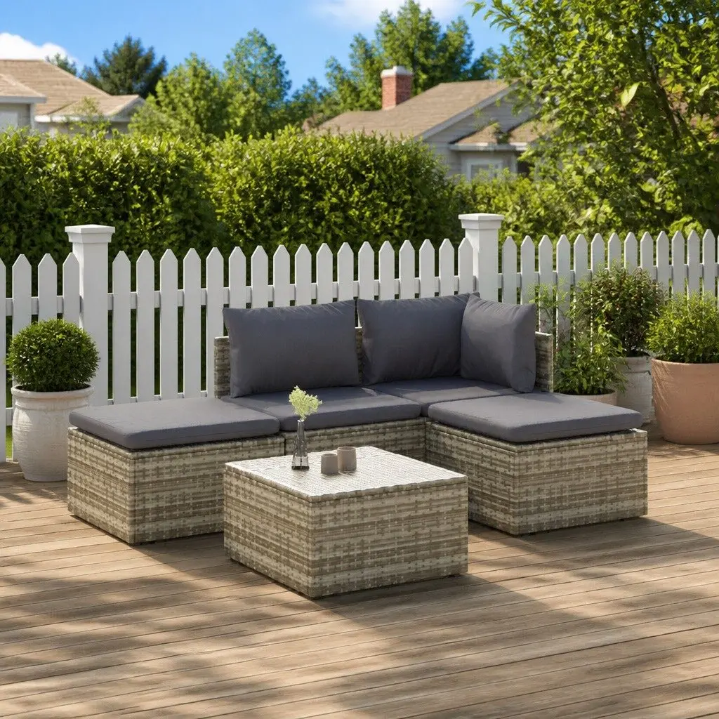 5 Piece Garden Lounge Set Grey Poly Rattan Outdoor Patio Furniture with Cushions