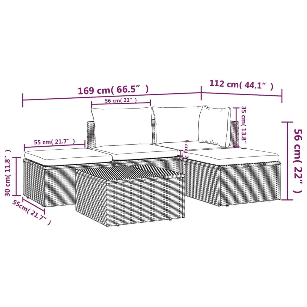 5 Piece Garden Lounge Set Grey Poly Rattan Outdoor Patio Furniture with Cushions
