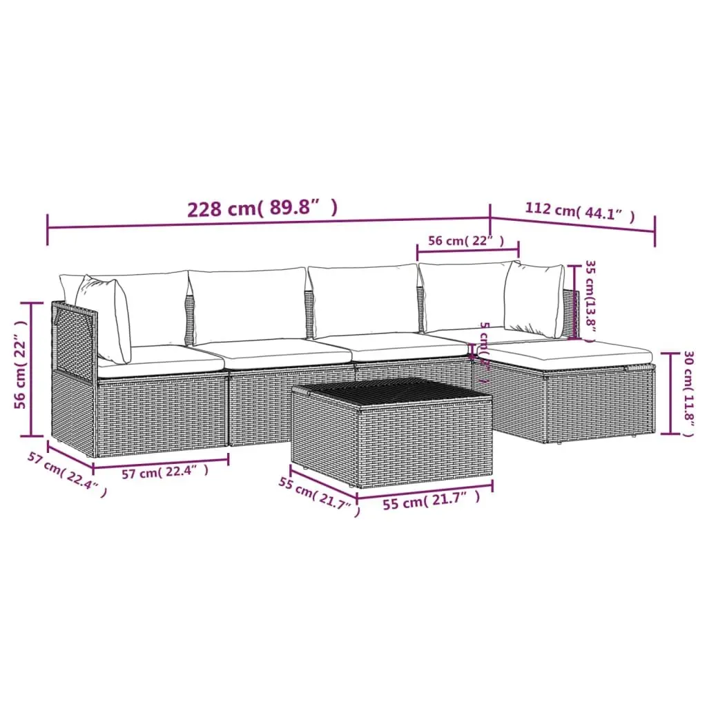 Garden Lounge Set 6 Piece Outdoor Furniture Cushions Grey Poly Rattan