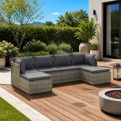 6 Piece Garden Lounge Set with Cushions Grey Poly Rattan Outdoor Furniture