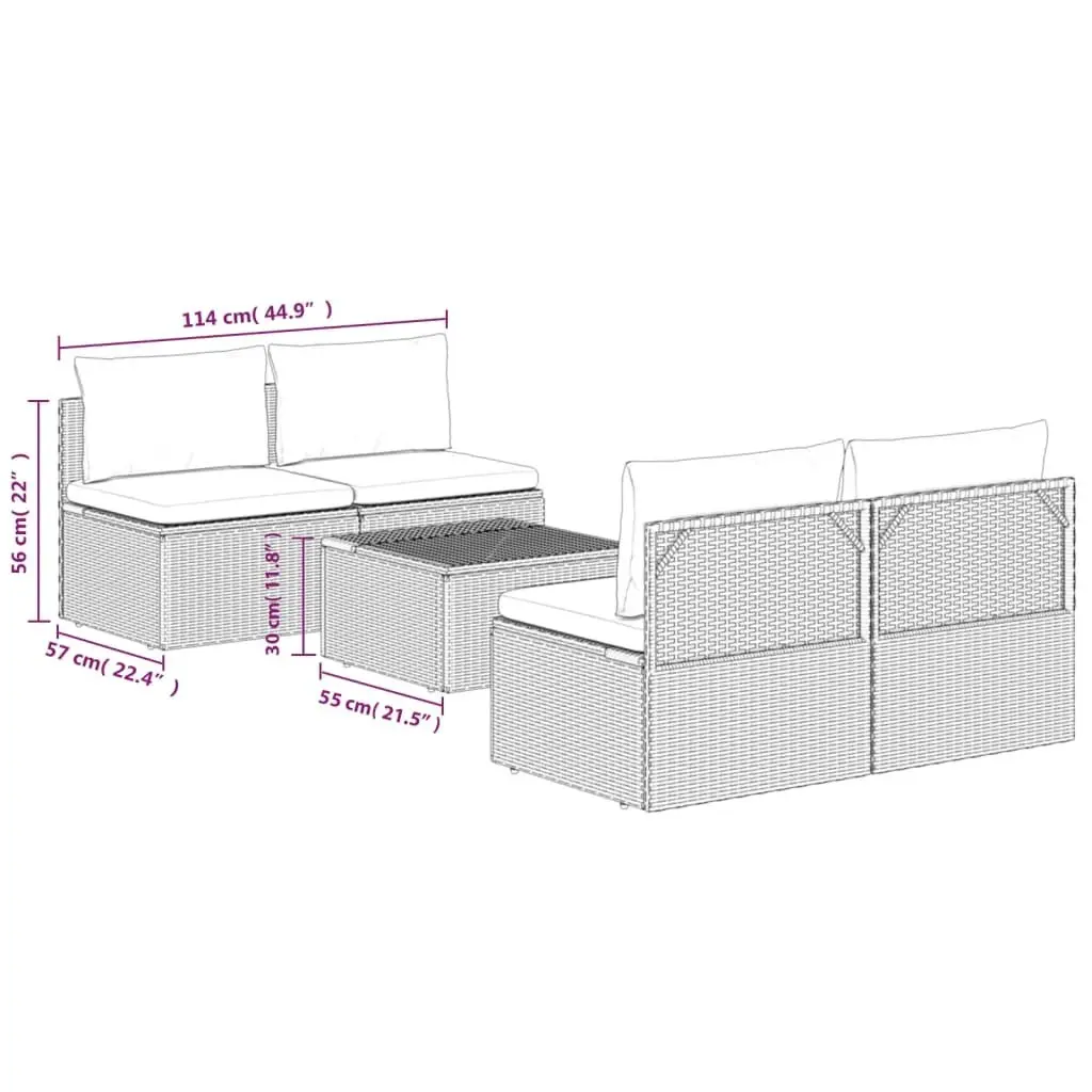 5 Piece Garden Lounge Set Grey Poly Rattan Outdoor Furniture with Cushions