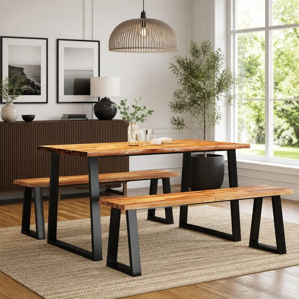 Dining Set Live Edge Acacia Wood 3 Piece Kitchen Table Bench Chairs Brown