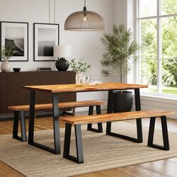 Dining Set 3 Piece Kitchen Table Bench Chairs Live Edge Acacia Wood Brown