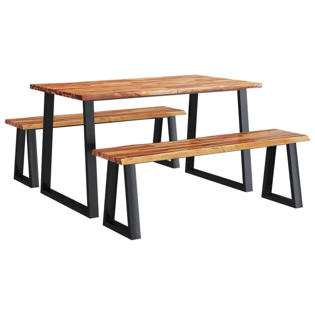Dining Set Live Edge Acacia Wood 3 Piece Kitchen Table Bench Chairs Brown