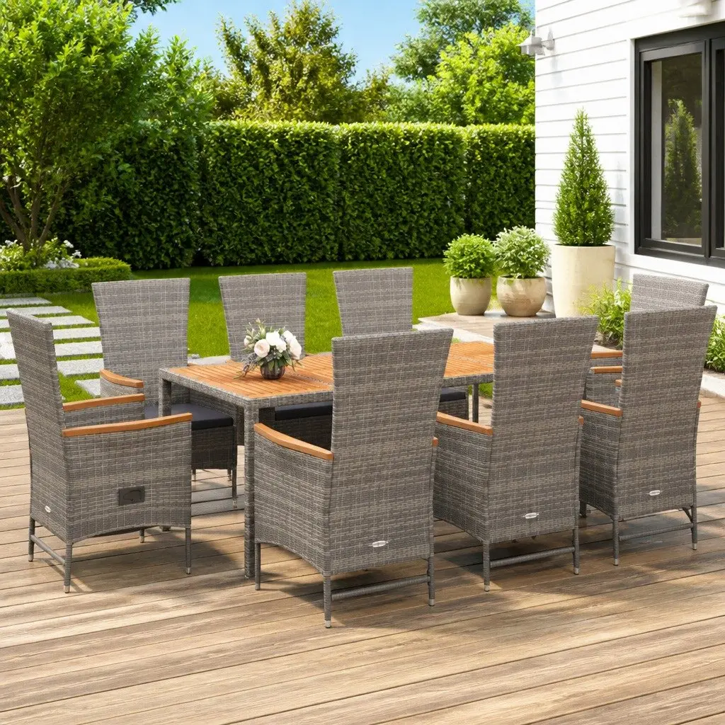 Garden Dining Set 9 Piece Grey Poly Rattan Outdoor Patio Furniture with Cushions