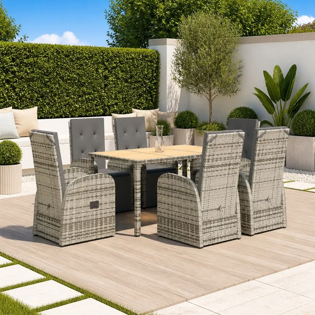 Grey Outdoor Patio 7 Piece Dining Set Poly Rattan with Cushions Garden Furniture