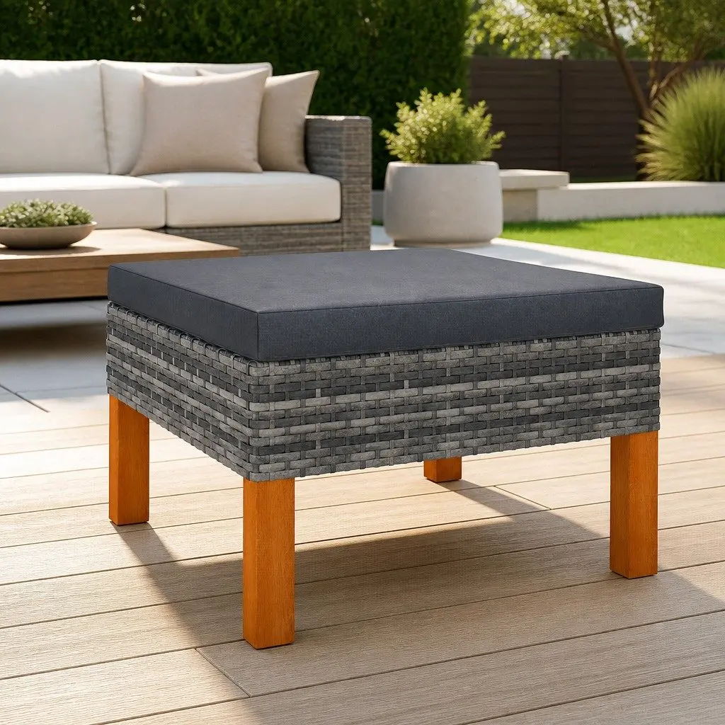 Outdoor Footstool Relaxation PE Rattan Steel Frame Solid Eucalyptus Wood Legs Grey