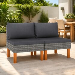 Outdoor Middle Sectional Sofa 2 Pcs Grey Rattan Garden Lounge Seating Set