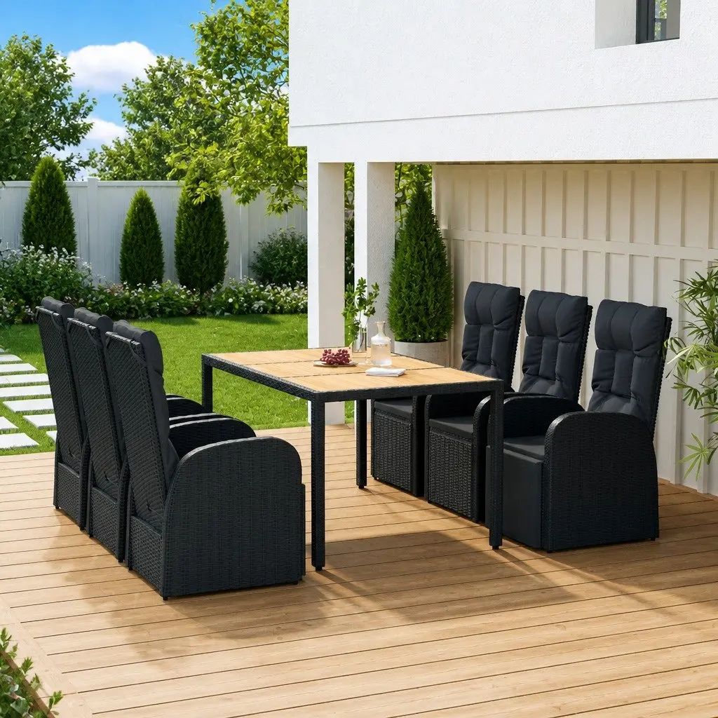 7 Piece Outdoor Garden Dining Set Black Poly Rattan Chairs Table Cushions