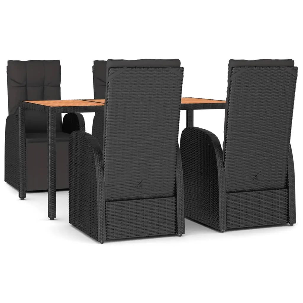 5 Piece Outdoor Dining Set Black Poly Rattan Acacia Wood Garden Furniture Chairs