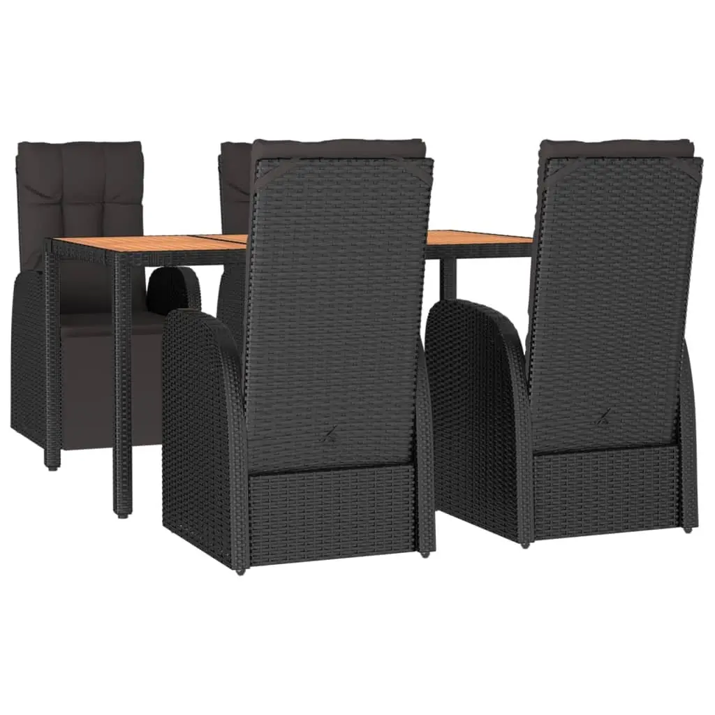 5 Piece Outdoor Dining Set Black Poly Rattan Acacia Wood Garden Furniture Chairs