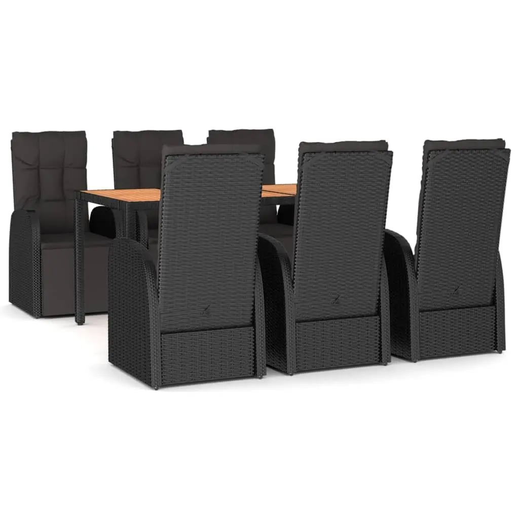 Garden Dining Set 7 Piece Black Poly Rattan Acacia Wood Outdoor Furniture