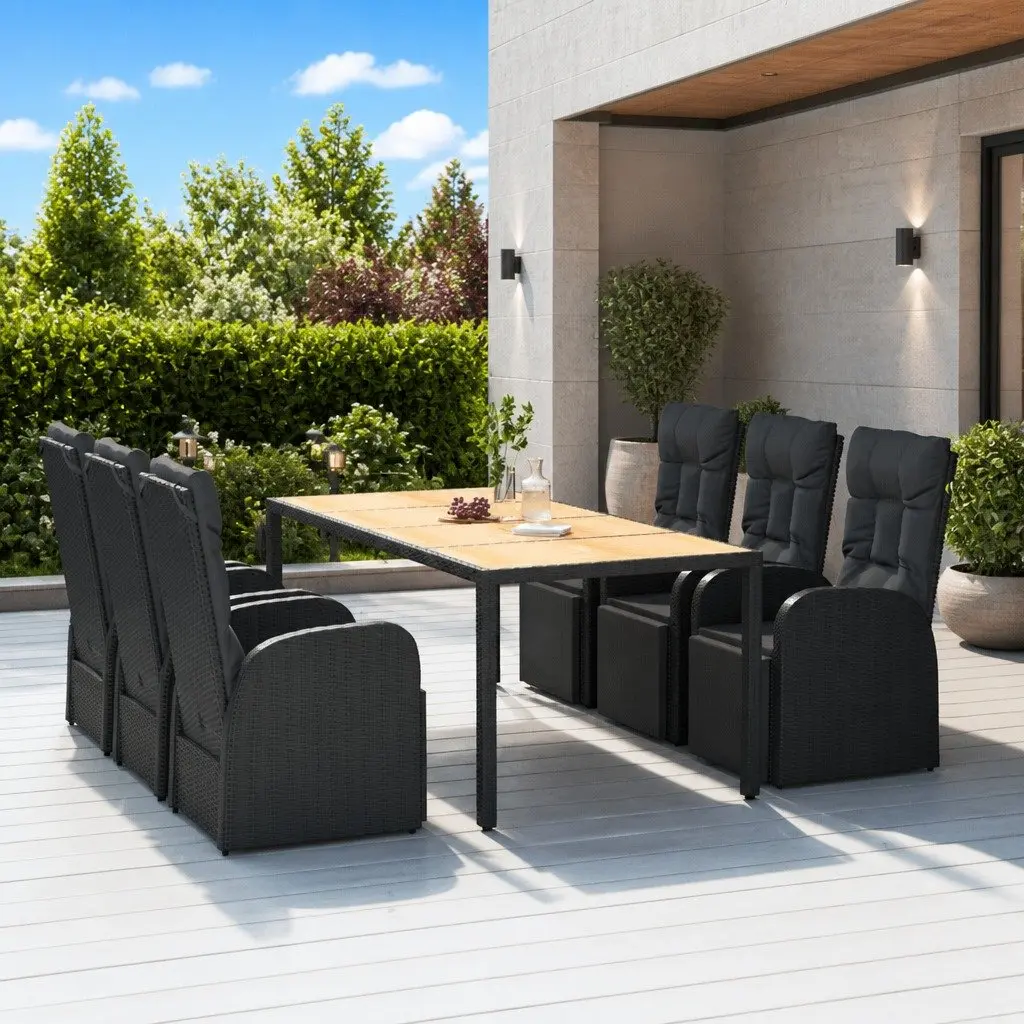 7 Piece Garden Dining Set Black Poly Rattan Acacia Wood Outdoor Furniture