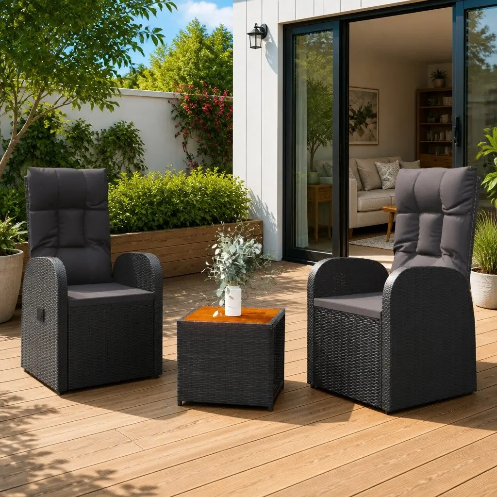 3 Piece Outdoor Lounge Set Black Garden Chair Table Cushion Pillow Patio