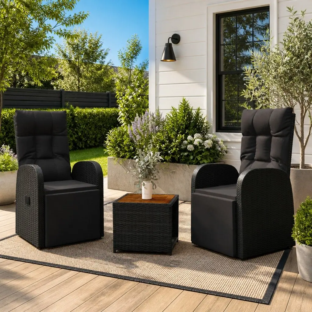 3 Piece Outdoor Lounge Set Black Garden Chair Table Patio Furniture Rattan