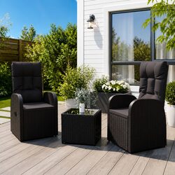 3 Piece Garden Lounge Set Black Reclining Chairs Tempered Glass Table Outdoor