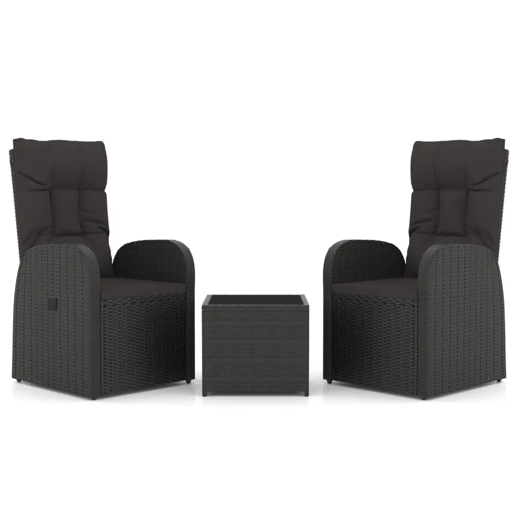 3 Piece Garden Lounge Set Black Reclining Chairs Tempered Glass Table Outdoor