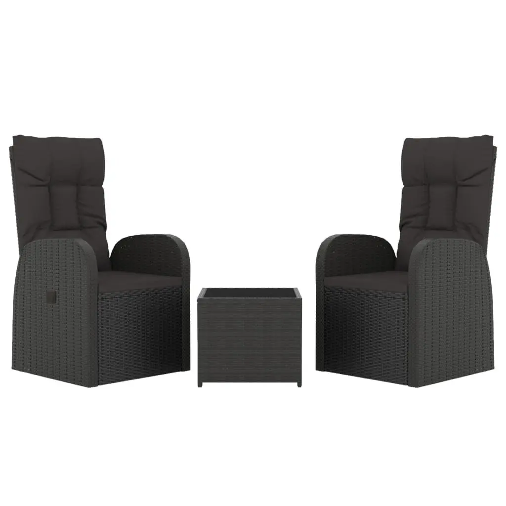 3 Piece Garden Lounge Set Black Reclining Chairs Tempered Glass Table Outdoor